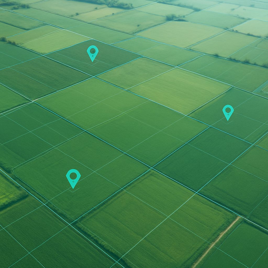 Vista aérea de campos agrícolas com sobreposição de polígonos e marcadores geoespaciais